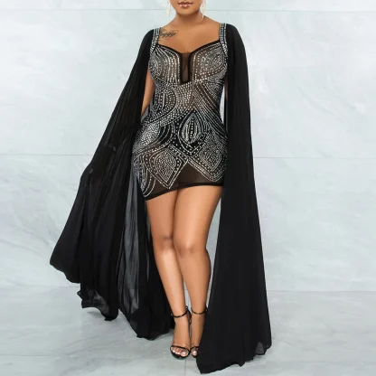 Elegant Long Cape Sleeve Sequin Dress