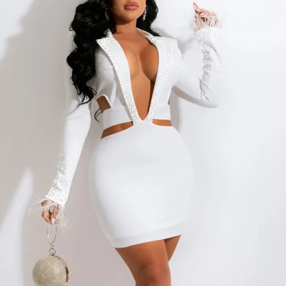 Deep V-Neck Sexy Blazer Shiny Dress - Image 5