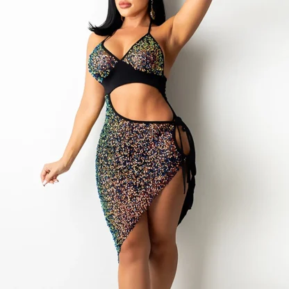 Cut-Out Strap Sequin Halter Neck Dress