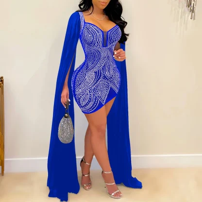 Elegant Long Cape Sleeve Sequin Dress - Image 5