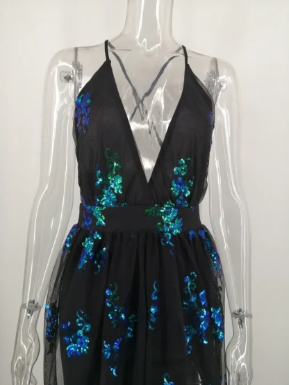 Deep V-Neck Long Mesh Shiny Dress - Image 5