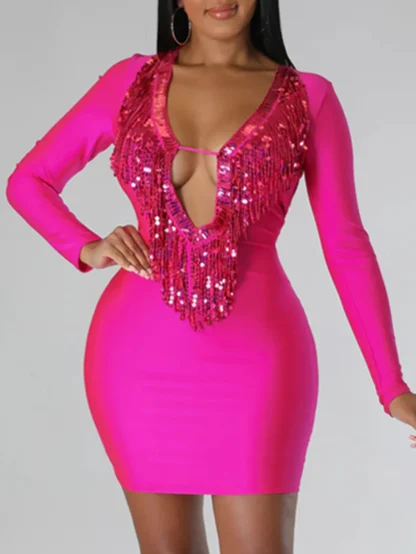 Deep V-Neck Open Back Sequin Dress - Image 2