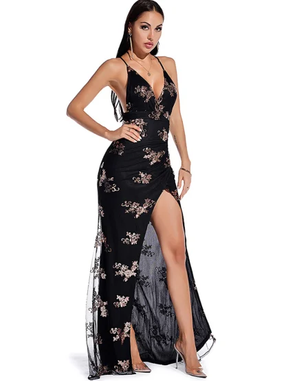Deep Front Glamour Sequin Maxi Dress