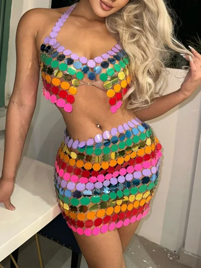 Glitzy See-Through Metal Sequin Mini Dress