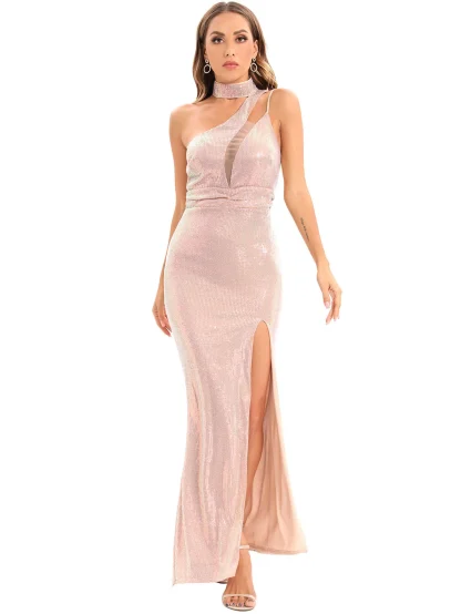 One-Shoulder Sleeve High Slit Sequin Dress - Image 6