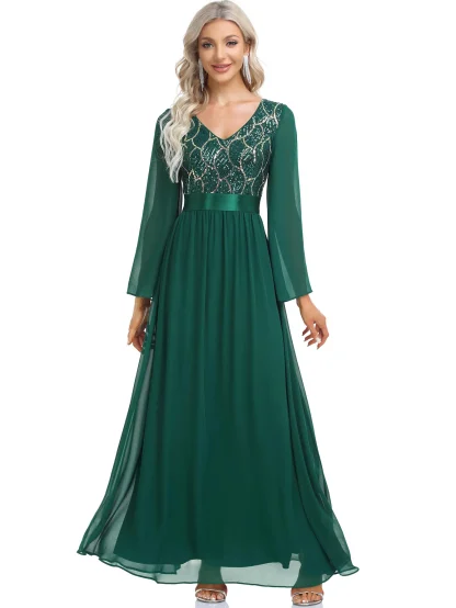 Long Sleeve Flare Sequin Chiffon Dress - Image 6
