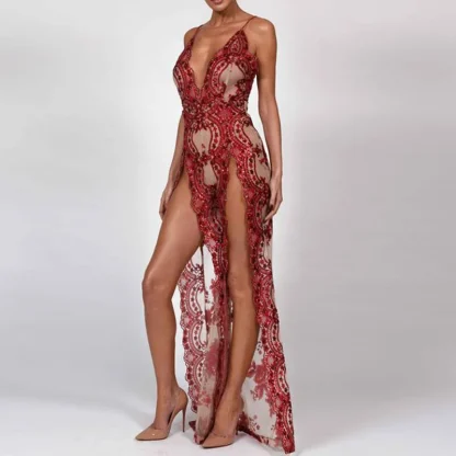 Sexy Deep V-Neck High Slit Shiny Dress - Image 4