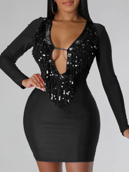 Deep V-Neck Open Back Sequin Dress