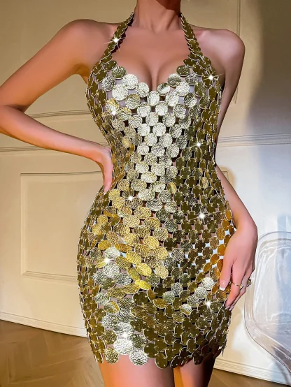 Radiant Metal Halter Backless Sequin Dress