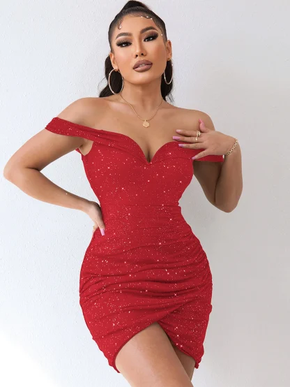 Off Shoulder Ruched Mini Dress - Image 6