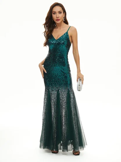 Mesh Bottom Skirt Long Shiny Dress - Image 6