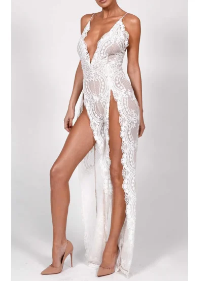 Sexy Deep V-Neck High Slit Shiny Dress - Image 2
