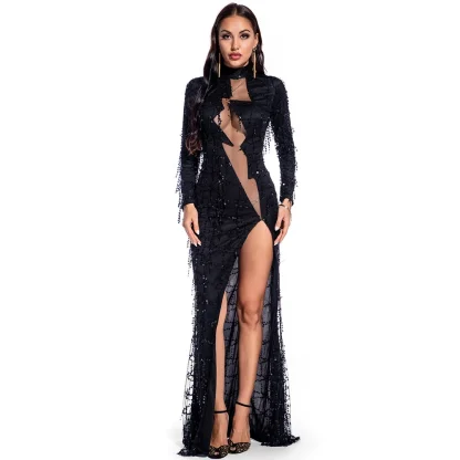 Sheer Mesh Zigzag Style Sequin Dress