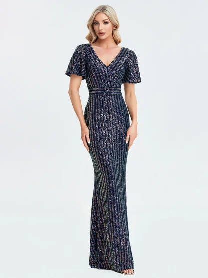 Flutter Sleeve V-Neck Maxi Shiny Dress