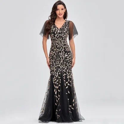 Mesh Flutter Sleeve Shiny Maxi Dress