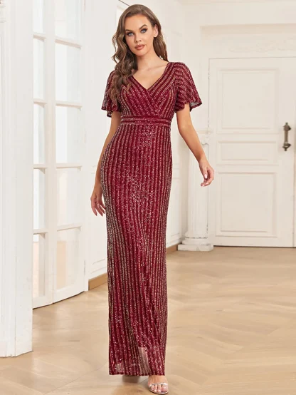 Flutter Sleeve V-Neck Maxi Shiny Dress - Image 5
