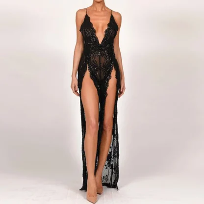 Sexy Deep V-Neck High Slit Shiny Dress