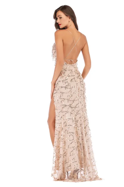 Chic Back Strap Bandage Shiny Slit Dress - Image 7