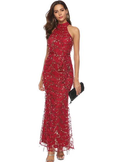 Glitter Halter Neck Maxi Sequin Dress