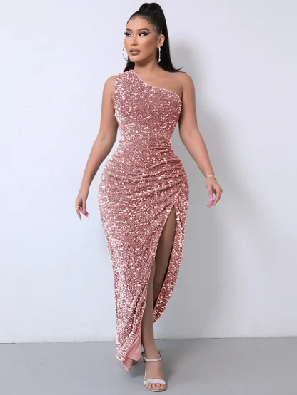 One Sleeve Shoulder Sparkling Slit Dress - Image 4