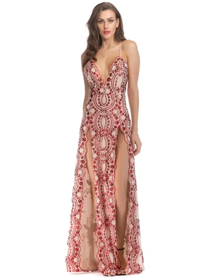 Deep V-Neck Double Slit Sequin Maxi Dress - Image 6