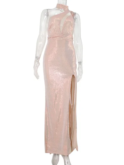One-Shoulder Sleeve High Slit Sequin Dress - Image 7