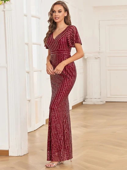 Flutter Sleeve V-Neck Maxi Shiny Dress - Image 6