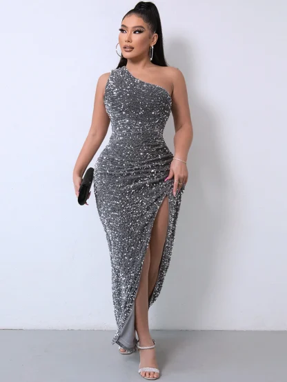 One Sleeve Shoulder Sparkling Slit Dress - Image 5
