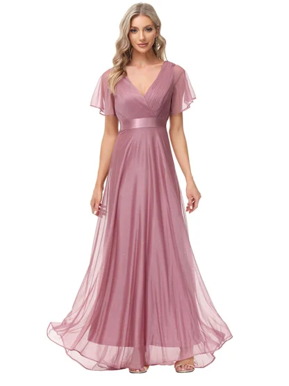 Short Flare Sleeve Sequin Chiffon Dress - Image 5
