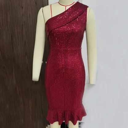 One Shoulder Sleeve Shiny Ruffled Dress - Image 3