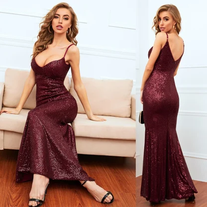 Deep V-Neck Sequin Chiffon Dress - Image 3