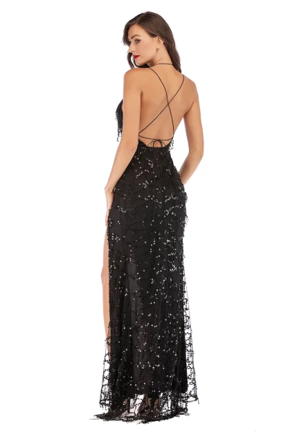 Chic Back Strap Bandage Shiny Slit Dress - Image 4