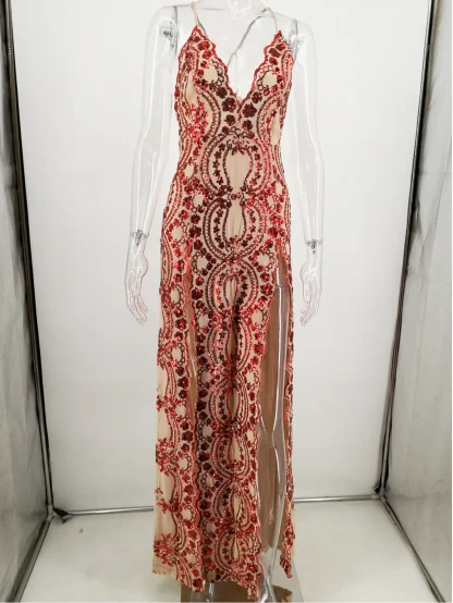 Deep V-Neck Double Slit Sequin Maxi Dress - Image 5