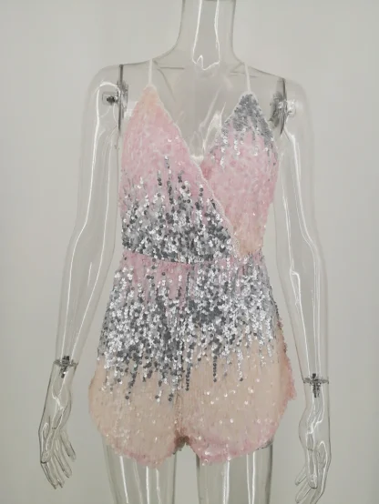 Glittering V-Neck Sequin Jumpsuit - Image 4