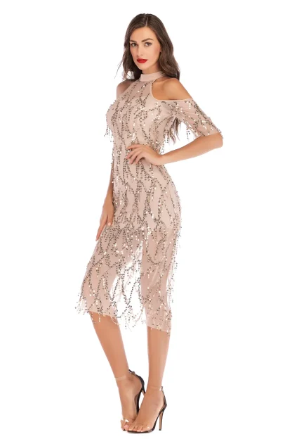 Halter Off-Shoulder Fringe Sequin Dress - Image 2