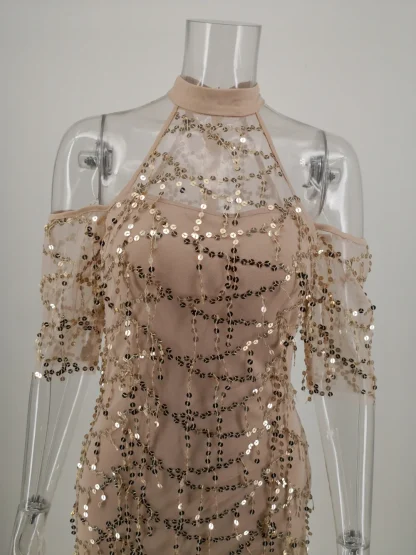 Halter Off-Shoulder Fringe Sequin Dress - Image 5
