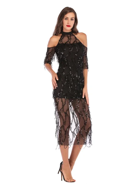 Halter Off-Shoulder Fringe Sequin Dress