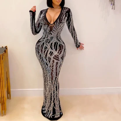 Long Sleeve Deep V-Neck Sexy Sparkling Dress
