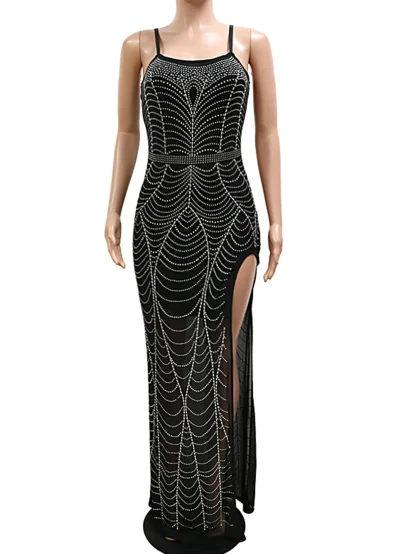 Mesh High Slit Sequin Slip Dress - Image 3