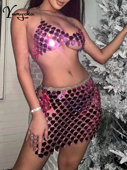 Heart Detailed Halter Neck Sequin Dress - Image 4