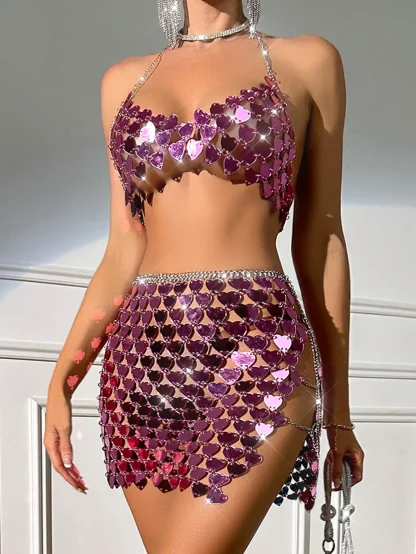 Heart Detailed Halter Neck Sequin Dress