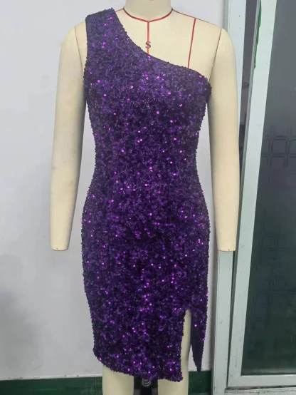 Sexy One-Shoulder Sleeve Shiny Dress - Image 3