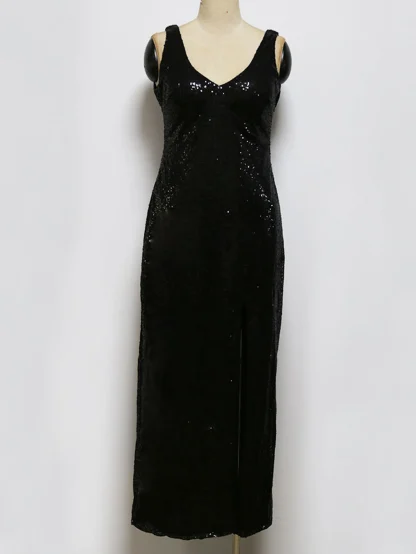 Deep V-Neck Front Slit Shiny Dress - Image 3