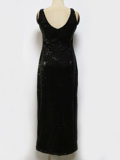 Deep V-Neck Front Slit Shiny Dress - Image 5
