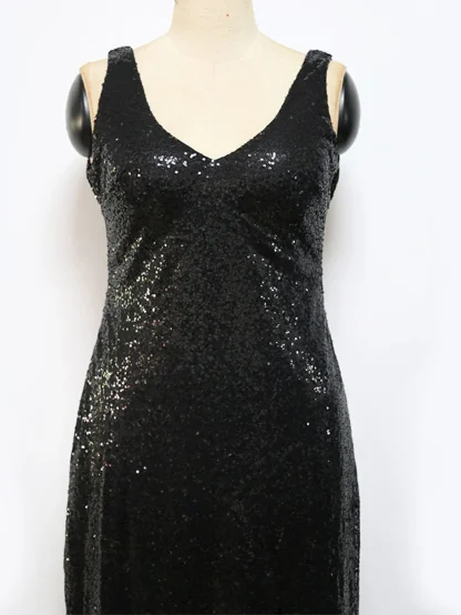 Deep V-Neck Front Slit Shiny Dress - Image 6