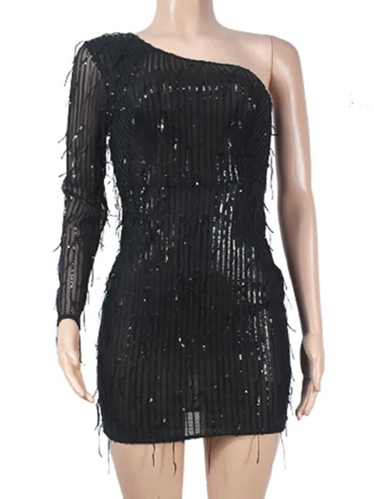 One Long Shoulder Fringe Sequin Dress - Image 3
