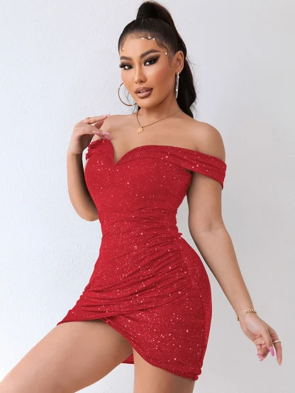 Off Shoulder Ruched Mini Dress - Image 4