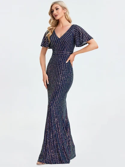 Flutter Sleeve V-Neck Maxi Shiny Dress - Image 3
