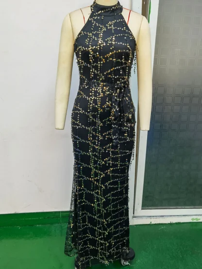 Glitter Halter Neck Maxi Sequin Dress - Image 3