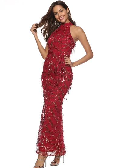 Glitter Halter Neck Maxi Sequin Dress - Image 4